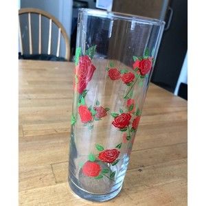 Vintage Red ROSES Decal Highball Drinking Clear Glass Vibrant Color